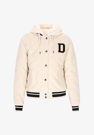 Beige quiltet kordfløjlsjakke med hætte, som har sorte ribkantede ærme- og taljebånd samt en fremtrædende sort "D"-logo foran.