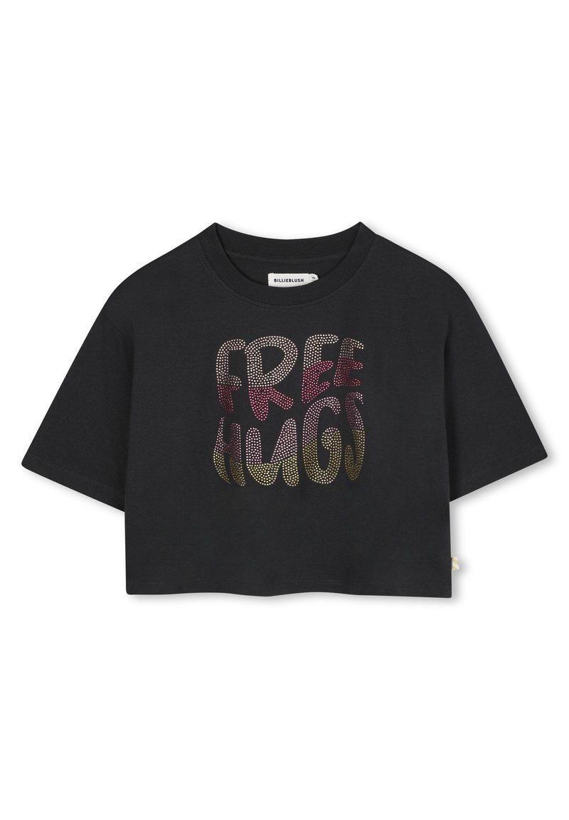 T-shirt noir court avec un col rond et des manches courtes. "FREE HUGS" imprimé en rhinestones de dégradé coloré sur le devant.