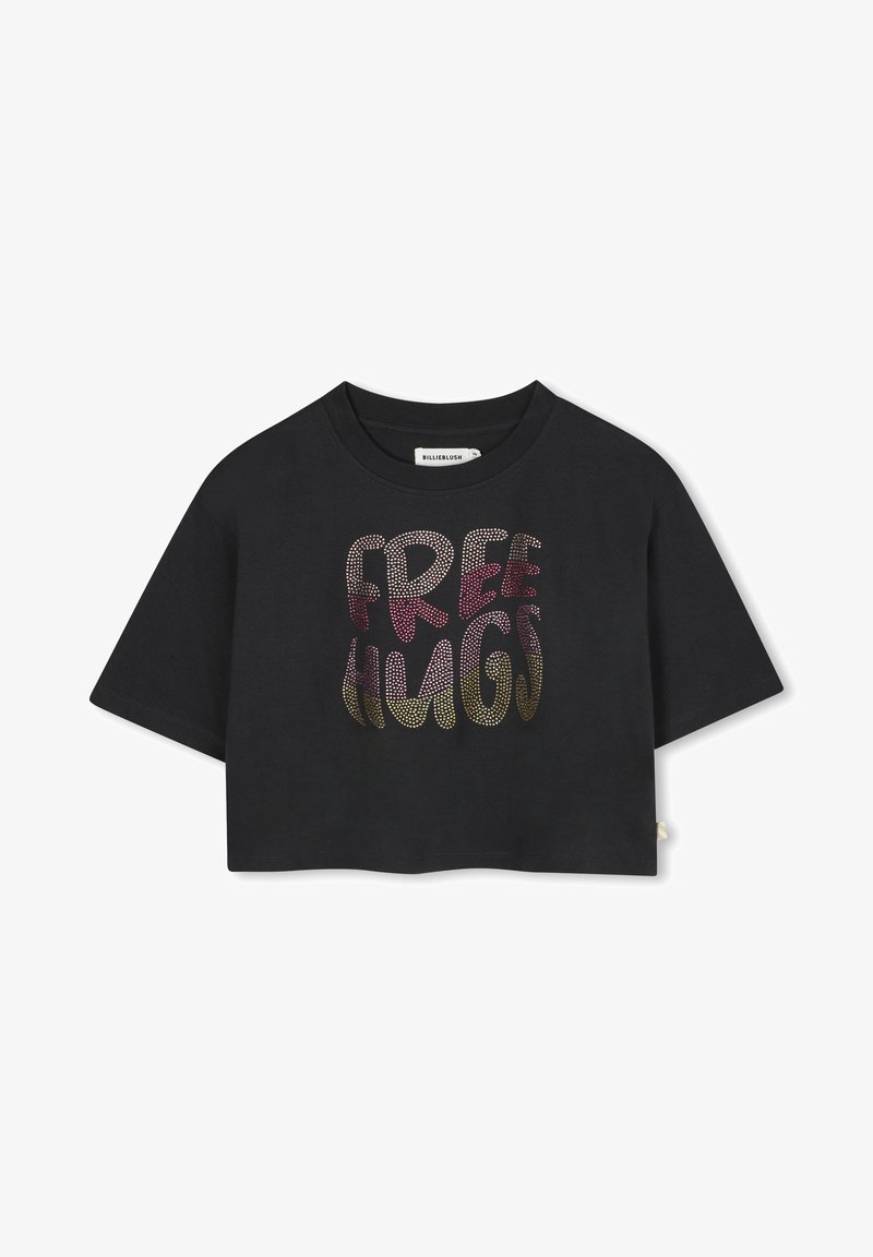 T-shirt noir court avec un col rond et des manches courtes. "FREE HUGS" imprimé en rhinestones de dégradé coloré sur le devant.