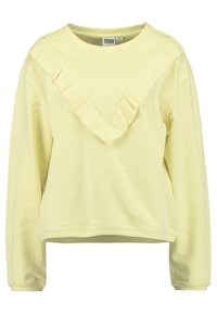 Felpa gialla a maniche lunghe con scollo a V, caratterizzata da un'accenno arricciato lungo il colletto. Realizzata in morbido cotone con una vestibilità comoda.