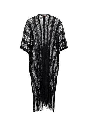 Copertura nera a maglia aperta con maniche corte, caratterizzata da dettagli di frange sull'orlo, righe geometriche e una silhouette ampia e fluida.