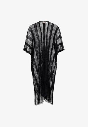 Copertura nera a maglia aperta con maniche corte, caratterizzata da dettagli di frange sull'orlo, righe geometriche e una silhouette ampia e fluida.