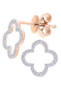 Auksiniai rožių aukso spalvos vinukiniai auskarai dobilo formos, dekoruoti mažais skaidriais kristalais aplink kraštus. Komplekte tradicinis drugelio užsegimas.