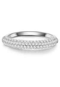 Srebrn prsten s nekoliko malih prozirnih kamenčića, sa glatkom teksturom i elegantnim zaobljenim dizajnom.