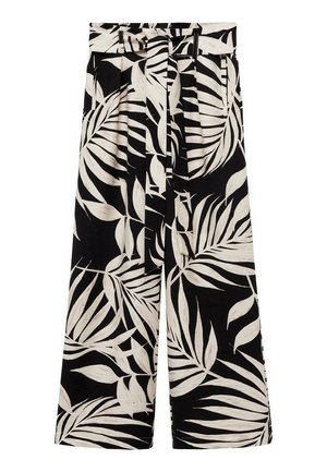 Pantaloni a gamba larga neri con stampa tropicale a foglia bianca. Realizzati in tessuto leggero, presentano una vita alta e un dettaglio con cintura annodata.