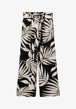 Široke hlače v črni barvi s belim tropičnim listnim vzorcem. Narejene so iz lahkega blaga, imajo visok pas in detajl z vezanjem pasu.