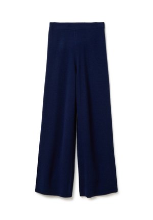 Pantalons en tricot bleu marine à jambes larges avec une taille élastique, posés à plat sur un fond blanc.