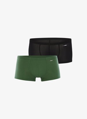 Two pairs of men's boxers: one black and one dark green. Made from a soft, smooth fabric with a snug fit. Features a small logo on the waistband.