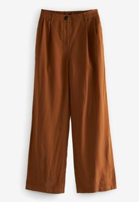 Terracotta-Hosen mit weitem Bein, die über eine glatte Textur, einen gefalteten Bund, einen Knopfverschluss und einen elastischen Bund für zusätzlichen Komfort verfügen.