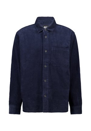 Marineblauwe corduroy blouse met een knoopsluiting aan de voorkant, kraag, één borstzak en lange mouwen met knopenmanchetten. Textuurstof met ribbels.