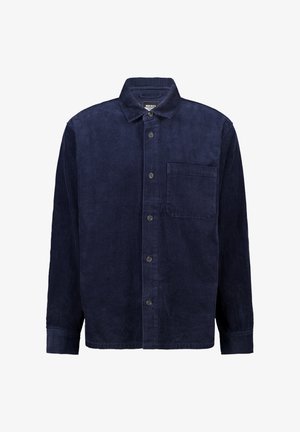 Marineblauwe corduroy blouse met een knoopsluiting aan de voorkant, kraag, één borstzak en lange mouwen met knopenmanchetten. Textuurstof met ribbels.