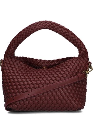 Dunkelrote gewebte Lederhandtasche mit dickem Griff und verstellbarem Schulterriemen mit Metallverschlüssen.