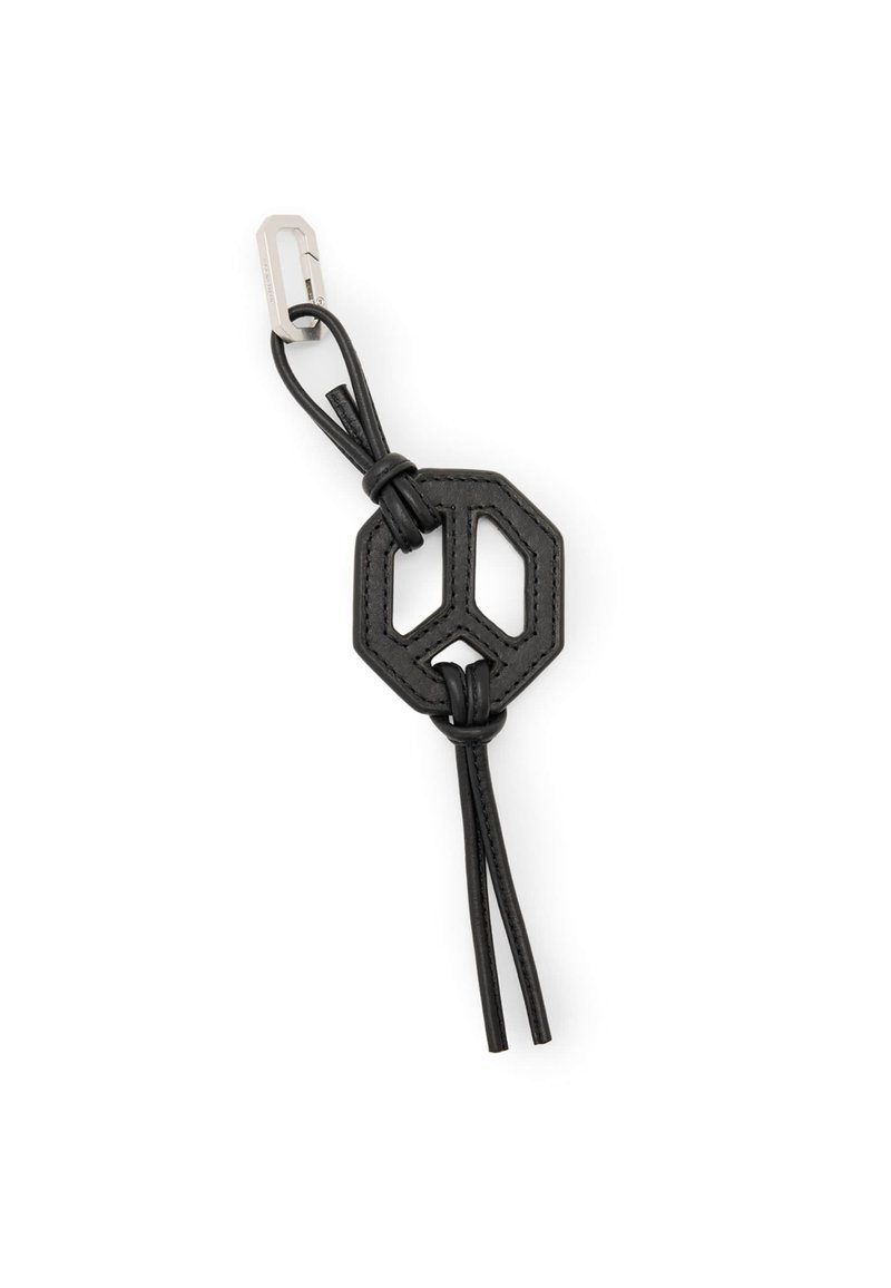 Portachiavi in pelle nera con centro ottagonale, anelli annodati e moschettone argentato su sfondo bianco.