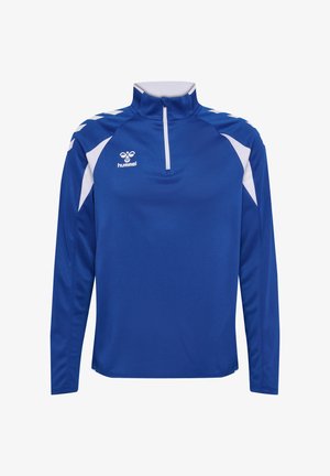 Blå langærmet sportstrøje med hvide skulderdetaljer, kvartlynlås foran og hvid hummel-logo på brystet.