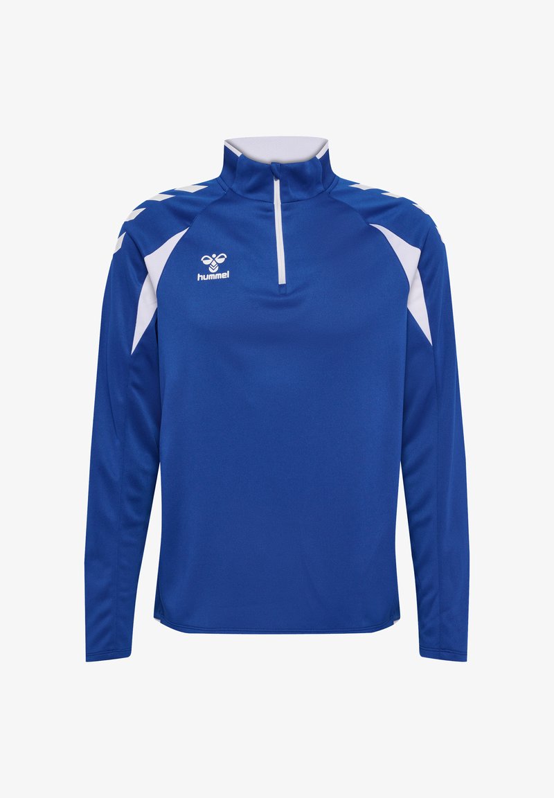 Blå langærmet sportstrøje med hvide skulderdetaljer, kvartlynlås foran og hvid hummel-logo på brystet.