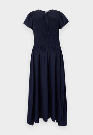 Tumesinise värvusega midi-kleit lühikeste põrksenööpidega varrukatega, kurrutatud ülakehaga ja seotava detailiga ümmargusel kaelusel.