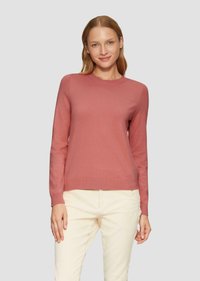 Rosa langärmliger Pullover mit Rundhalsausschnitt, gerippten Bündchen und Saum, mit einer glatten, strukturierten Oberfläche. Getragen mit hellen Hosen.