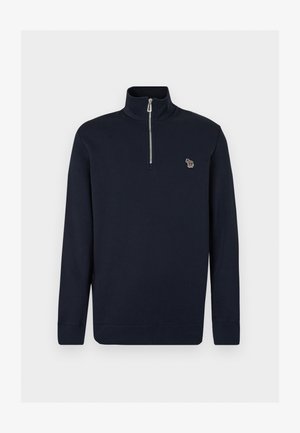 Pulover bleumarin cu mâneci lungi, gulera înaltă, fermoar argintiu pe față și mic logo zebra multicolor pe pieptul stâng.