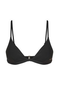 Fekete háromszög alakú bikini felsőrész sima anyagból. Vékony pántokkal, elöl záródó csattal és egy kis fém logó részlettel rendelkezik.
