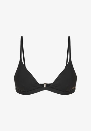 Μαύρο μπικίνι τοπ τριγωνικού σχήματος, φτιαγμένο από λείο ύφασμα. Περιλαμβάνει λεπτές τιράντες, κούμπωμα μπροστά και μια μικρή μεταλλική λεπτομέρεια λογότυπου.