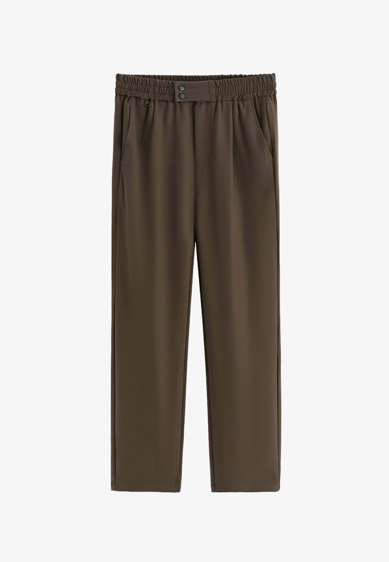 Pantalon marron léger avec une ceinture élastique, deux poches latérales et une coupe droite. Texture lisse et conception simple.