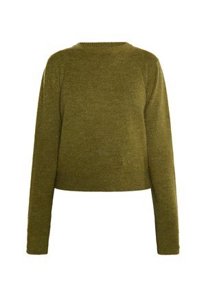 Maglione verde oliva corto realizzato in morbido tessuto a maglia, con scollatura rotonda e maniche lunghe con polsini e orlo a coste.