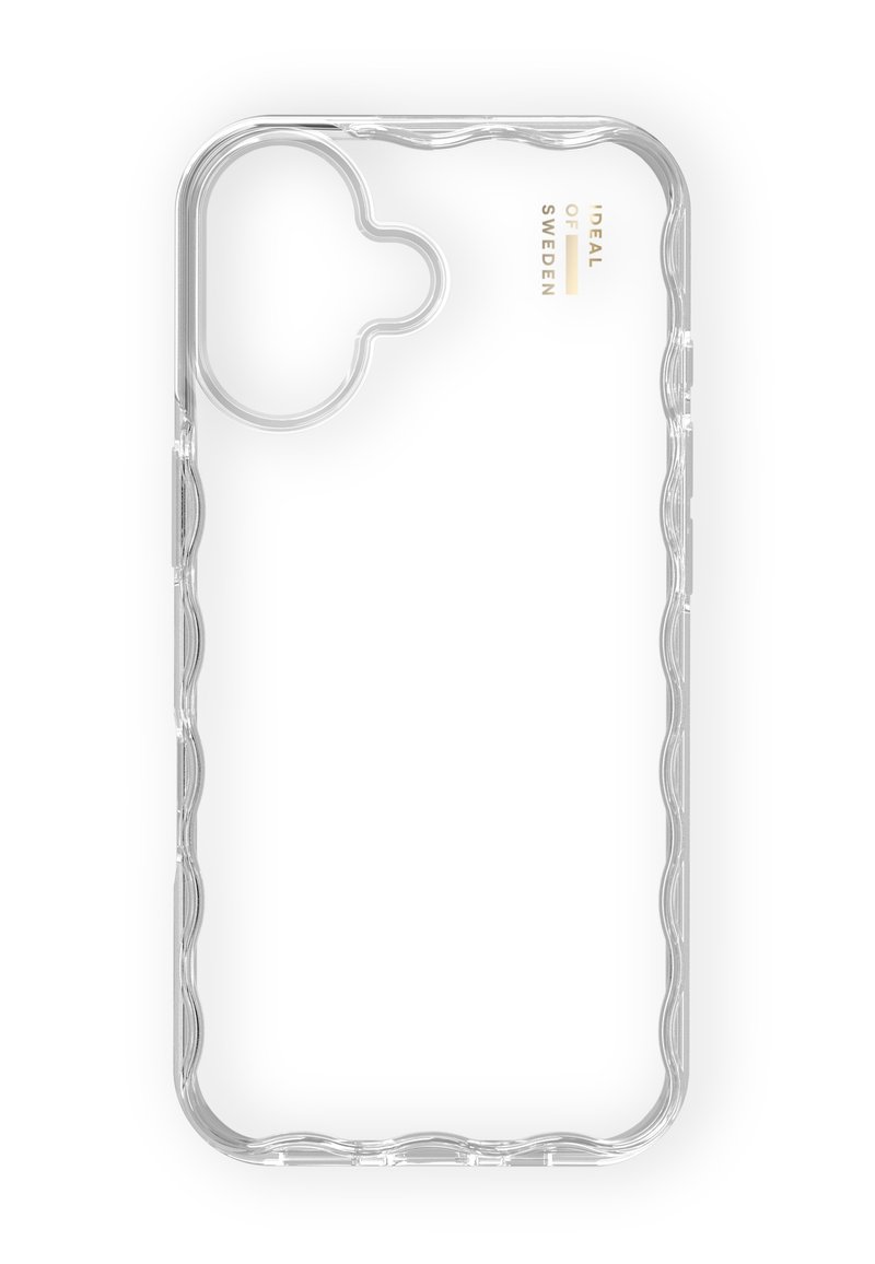 Gjennomsiktig mobildeksel med bølgete teksturert kant, utskjæring for kamera, og preget gulltekst med påskriften "IDEAL OF SWEDEN" på baksiden.