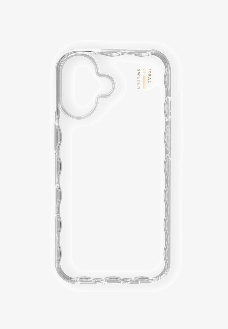 Gjennomsiktig mobildeksel med bølgete teksturert kant, utskjæring for kamera, og preget gulltekst med påskriften "IDEAL OF SWEDEN" på baksiden.