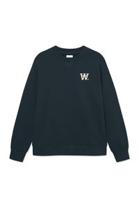 Dark navy sweatshirt made from soft fabric, featuring a crew neck, long sleeves, and a small beige "W." logo on the left chest.