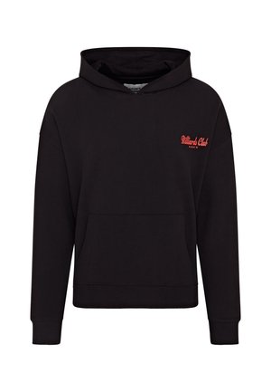Hoodie noir avec poche avant et texte rouge "Billiards Club LGCY" sur le côté gauche du torse, manches longues et bords côtelés.