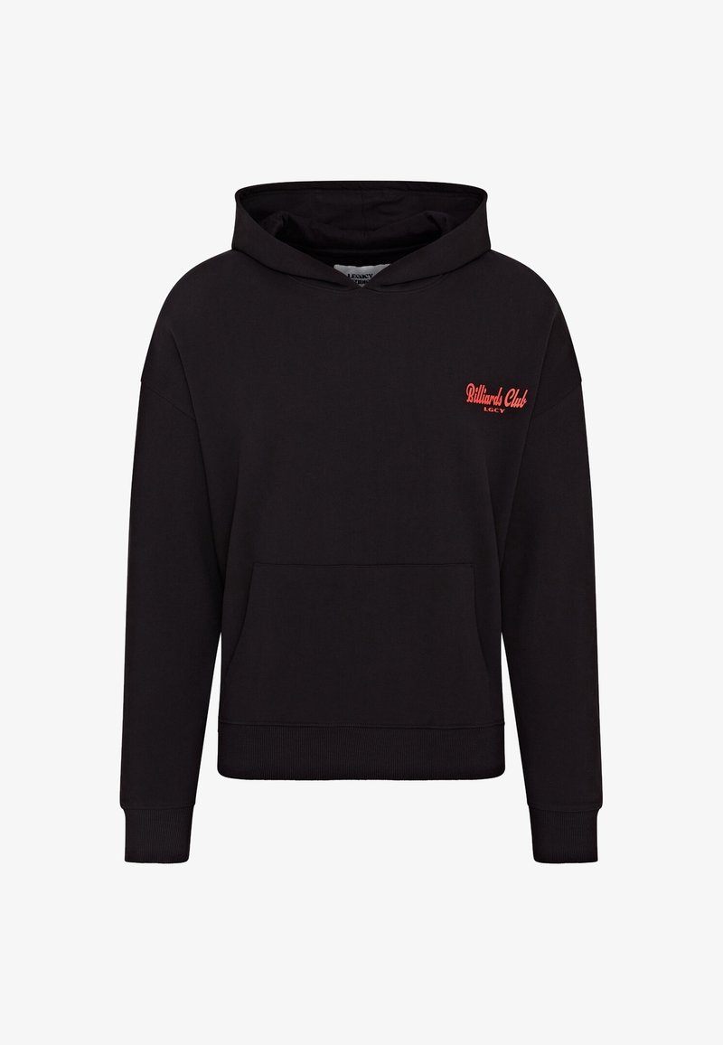 Hoodie noir avec poche avant et texte rouge "Billiards Club LGCY" sur le côté gauche du torse, manches longues et bords côtelés.
