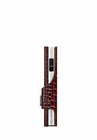 Red crocodile-patterned leather case with a silver metallic clasp; features a slim, vertical design with a side access window.