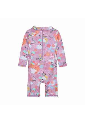 Grenouillère bébé rose à manches longues avec fermeture éclair à l'avant, décorée de licornes, papillons, fleurs, nuages, cœurs et motif château.