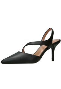 Černé kožené slingback podpatky s špičatou špicí a 3 palcovým stiletto podpatkem. Vyznačují se designem křížových popruhů a hladkým povrchem.