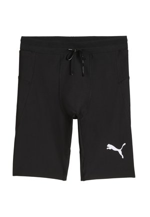Svarta atletiska shorts tillverkade av elastiskt material, med sidofickor, midja med dragsko och en vit Puma-logga på vänster ben.