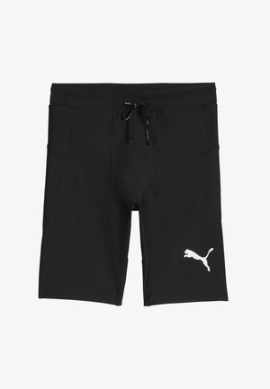 Sorte atletikshorts lavet af strækbart stof, med sidelommer, snor i taljen og et hvidt Puma-logo på venstre ben.
