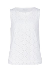 Biała, bezrękawnikowa bluzka z teksturowanym wzorem z koronki, przedstawiająca kształty przypominające liście. Okrągły dekolt i prosta linia hemu. Widoczna metka marki.