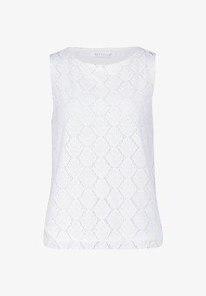Witte, mouwloze top met een getextureerd kantpatroon met bladachtige vormen. Ronde halslijn en een rechte zoom. Merkenlabel zichtbaar.