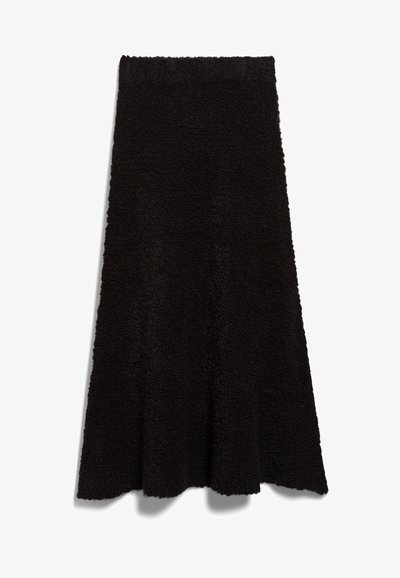 Black, fluffy fabric skirt with an A-line shape and raw hem. The texture appears soft and cozy, suitable for casual wear or layering.