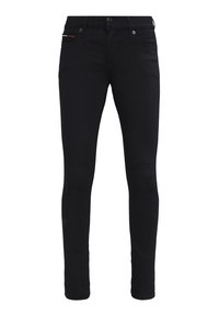 Jeans negros ajustados de denim, con un bolsillo frontal y un discreto detalle de marca. Textura suave con un dise�ño ajustado.