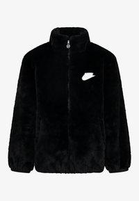 Svart plysch zip-up jacka med hög krage, elastiska ärmslut och en vit Nike-logga på vänster bröst.