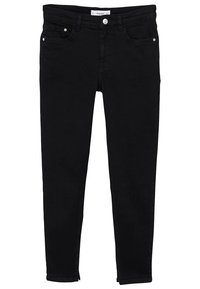 Jeans ajustados negros hechos de denim elástico, con una cintura de altura media, diseño de cinco bolsillos y herrajes de metal en los bolsillos y la cintura.