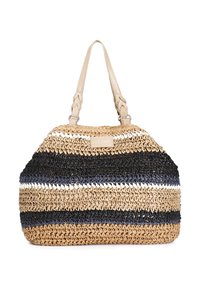 Vævet stråtaske med vandrette striber i beige, sort og hvid. Bløde flettede håndtag og et logo på fronten.