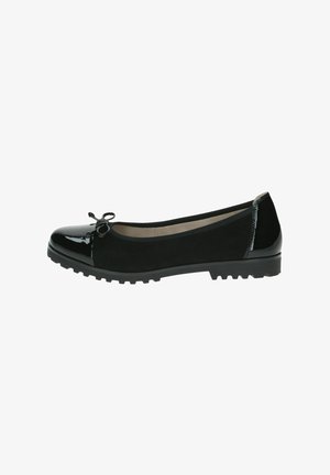 Ballerines noires avec un corps en daim mat, un bout en vernis brillant et un détail en nœud. Semelle en caoutchouc texturée avec de petites crêtes pour une meilleure adhérence.