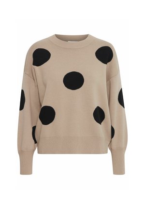 Maglione beige lavorato a maglia con grandi pois neri, scollatura rotonda e maniche a vestaglia, con polsini e orlo a costine.