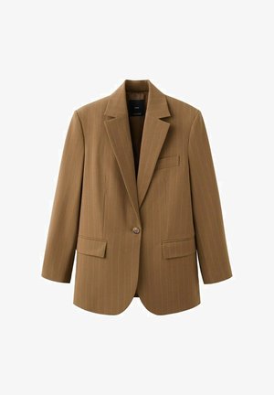 Brun jakke med enkelt knap og diskrete nålestriber, hakket revers, to frontlommer med klap og en brystlomme med åbning.