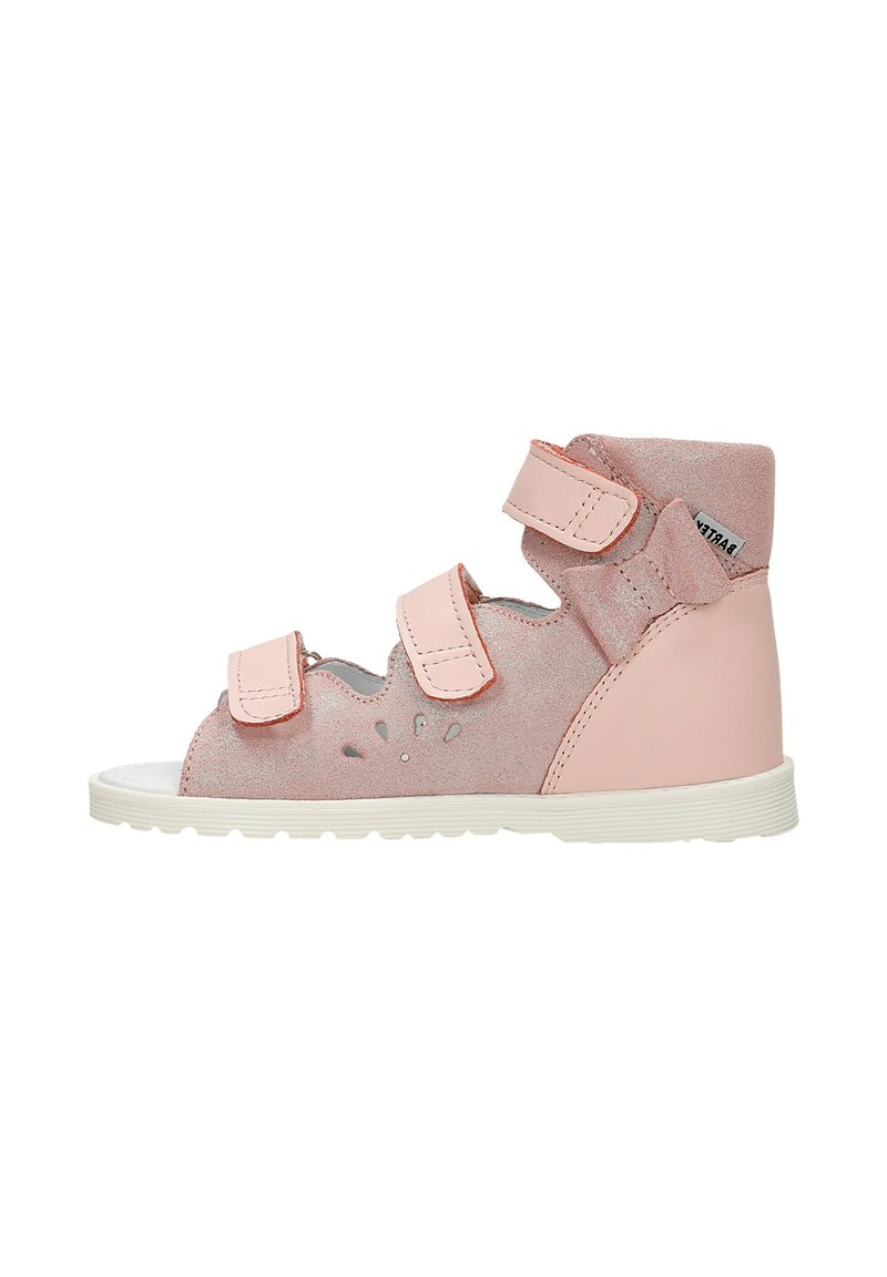 Rosa Velcro-Sandalen mit strukturiertem Obermaterial und Ausstanzungen, ausgestattet mit einer weißen Sohle und Knöchelstütze. Geeignet für die Freizeit.