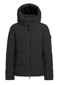 Veste rembourrée noire avec col montant et capuche, fermeture éclair, deux poches latérales et un extérieur matelassé pour l'isolation.