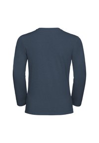 Camicia a maniche lunghe in cotone blu scuro con collo girocollo, caratterizzata da una texture morbida e una vestibilità classica, priva di loghi o motivi visibili.