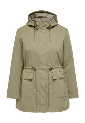 Hellbeige Kapuzen-Regenjacke mit verstellbaren Kordeln an Taille und Kapuze, zwei vorderen Klappentaschen und langen Ärmeln.